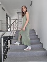 Žalia moteriška lininė suknelė, Merino Midi suknelė, Ilga megzta suknelė moterims, Lietuviško trikotažo suknelė