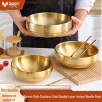 Korėjietiško stiliaus izoliuotas dvigubos sienelės nerūdijančio plieno dubuo - Auksinis Bibimbap, makaronų, salotų ir sriubos dubuo (Didelis) 21cm Gold Bowl + Gold 3-piece Set