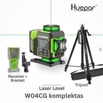 Huepar automatinis lazerinis nivelyras W04CG+ Lazerinis imtuvas LR8RG + Trikojis TPD16