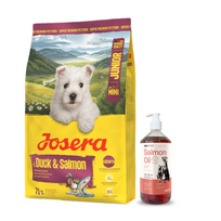 JOSERA Mini Junior Duck & Salmon 10kg + LAB V Lašišų aliejus šunims ir katėms 1000ml