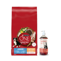 PURINA ONE Junior Medium/Maxi šuniukų maistas, turtingas vištiena ir ryžiais, 7 kg + LAB V Lašišų aliejus šunims ir katėms 1000ml