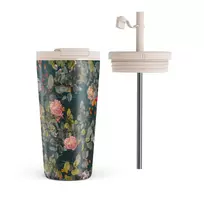 Kelioninis puodelis Burga Bloomy Garden - Vintage Travel Mug, 500 ml / Flap & Straw Set