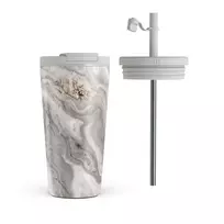 Kelioninis puodelis Burga Snowstorm - Grey Marble Travel Mug, 500 ml / Flap & Straw Set