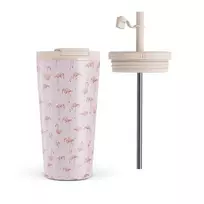 Kelioninis puodelis Burga Nostalgic Pink - Flamingos Travel Mug, 500 ml / Flap & Straw Set