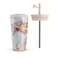 Kelioninis puodelis Burga Frozen Leaves - Cute Marble Travel Mug, 500 ml / Flap & Straw Set