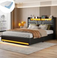 Lova 140×200 CM, su čiužiniu, LED apšvietimu ir USB sąsaja, hidrauliniu lovos rėmo pakėlimo mechanizmu, juoda, PU