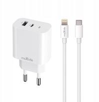 Maxlife ładowarka sieciowa PD QC MXTC-06-20AC 1x USB-C 1x USB 20W biała + kabel USB-C - Lightning 20W