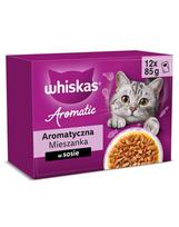 WHISKAS Adult Aromatic Mix maišeliai 12x85 g pilnavertis šlapias maistas suaugusiems katėms, padaže su gabaliukais: glazūruota kiauliena ir morkos, sultinga vištiena, jūros žuvies gabaliukai sultinyje, švelnus lašišas ir žirniai.