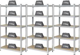 Basetech Basetech 2142910 Reol til tunge genstande 175 kg sæt med 3 stk. (B x H x T) 900 x 1800 x 400 mm GS Metal, MDF Trægulv Forzinket, Sølv | BT-1897698-3 | 2050006388648