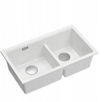 Zlewozmywak GraniteQ QUADRON | LOGAN 120 | granitowy zlewozmywak kuchenny SNOW WHITE + STAL | wymiar: 76 x 45 x 23,5 cm | 2-komorowy podwieszany | podbudowa szafki od: 80 cm | brak | 5905505509773