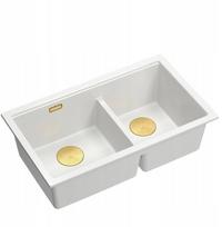 Zlewozmywak GraniteQ QUADRON | LOGAN 120 | granitowy zlewozmywak kuchenny SNOW WHITE + ZŁOTO PVD | wymiar: 76 x 45 x 23,5 cm | 2-komorowy podwieszany | podbudowa szafki od: 80 cm | brak | 5905505509766