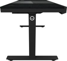 Dual-motor sit/stand adjustable-height gaming desk with built-in PC case, wireless charger, RGB lighting, control panel, and USB ports, PB melamine surface tabletop, black. | 5291485019228 | 5291485019228