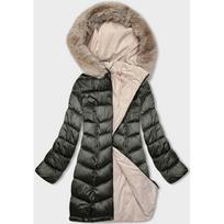 Žieminė dvipusė moteriška striukė su gobtuvu chaki-smėlio spalvos (B8202-11046)