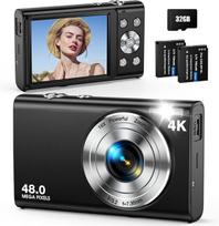 Skaitmeninis fotoaparatas Automatinio fokusavimo 48 MP 4K skaitmeninis fotoaparatas – kompaktiškas taškas ir fotografavimas su 32GB kortele. Geriausias paaugliams ir pradedantiesiems.