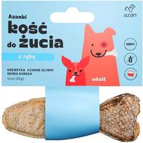 AZANKI Kaulas su krevetėmis ir juodosiomis alyvuogėmis menkės odoje žuvies formos – skanėstas šunims – 12 cm