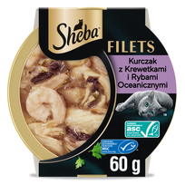 SHEBA Filetai su vištiena, jūros žuvimi ir krevetėmis padaže, 60 g dėžutė