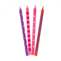 Aukštos torto žvakutės „Spalvoti raštai“, taškuotos ir dryžuotos, rožinių atspalvių, 12 cm (16 vnt.)