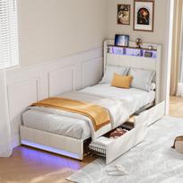 Vaikiška lova 90x200 cm, viengulė lova, su USB įkrovimo prievadu, LED apšvietimu ir 2 stalčiais, galvūgalis su vieta daiktams susidėti, smėlio spalvos