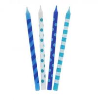 Aukštos torto žvakutės „Spalvoti raštai“, taškuotos ir dryžuotos, melsvų atspalvių, 12 cm (16 vnt.)