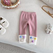 2025 Winter Korean Style Girls' Patchwork Pom-Pom Leggings - Trendy Thickened Pants for Stylish Kids 100 cm