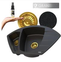 Granito kriauklė du dubenys sifonas rinkinys Granitan Compact juoda aukso spalvos detalės