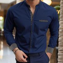 Men's Mandarin Collar Long Sleeve Shirt Slim Fit Casual Business Shirt With Striped Cuffs and Pocket Detail S tamsiai mėlyna spalva