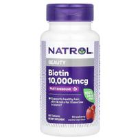 Natrolis, biotinas, greitas suirimas, didžiausias stiprumas, braškių skonio, 10 000 mg, 60 tablečių