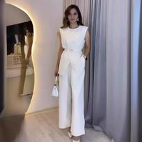 Apvali iškirptė, diržas, berankoviai, balti, aukštu liemeniu viršutiniai drabužiai, vienspalviai, plačių klešnių ilgos kelnės, prigludę, elegantiški dviejų dalių komplektai, moteriškas kelnių komplektas L juoda