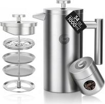 "Coffee Gator French Press" / kavos virimo aparatas / arbatos virimo aparatas 1 litro talpos dvigubų sienelių prancūziškas presas, kuriame kava ilgiau išlieka šilta, matinės pilkos spalvos kavos puodelis su mini kavos skardine, 1 l