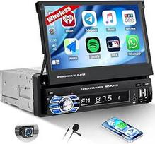 1 DIN automobilinis radijas su išskleidžiamu ekranu ir belaidžiu "Carplay" bei "Android Car", 7 colių 1 DIN jutiklinio ekrano radijas su "Bluetooth"/SWC/USB/FM radiju + atbulinės eigos kamera + mikrofonas