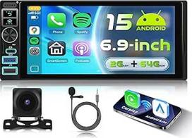 2G + 64G "Android 15" automobilinis radijas 1 DIN su belaidžiu "Carplay" "Android" automobiliu, 6,9 colių HD IPS jutiklinis ekranas Radijas Palaiko "Bluetooth" FM RDS radiją GPS "Wi-Fi" nuorodą Veidrodinis atspindys 2USB Type-C atbulinės eigos kamera