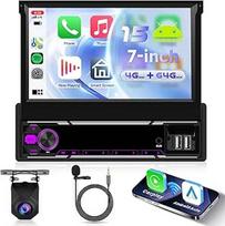 4+64G "Android 15" automobilinis radijas 1 DIN su belaidžiu "Carplay" "Android" automobiliu, 7 colių IPS HD rankinis apverčiamasis jutiklinis ekranas, "Bluetooth" palaikymas FM RDS GPS "Wi-Fi" 2USB atbulinės eigos kamera