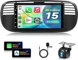 4G + 64G automobilinis radijas "Android 15", skirtas "Fiat 500 2007-2015", 9 colių HD jutiklinis ekranas su belaidžiu "Carplay", "Android" automobilinis GPS, Wi-Fi, USB, Bluetooth, FM, RDS, galinio vaizdo kamera, juoda