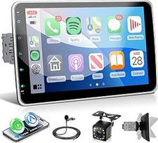 Automobilinis radijas 1 DIN su belaidžiu "Carplay" ir "Android Car", 10 colių HD IPS jutiklinis ekranas su rankinio pasukimo funkcija, "Bluetooth" sąsajos palaikymas FM/AM radijo veidrodinis atspindėjimas, atbulinės eigos kamera