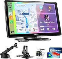 ESSGOO Carplay Android automobilio ekranas su galinio vaizdo kamera, 9 colių Carplay ekranas Apple/Android automobiliui/AirPlay/Mirror Link, belaidis jutiklinis GPS navigacijos ekranas, su Bluetooth 5.3, AUX, FM, balsu