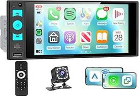 Hodozzy 1 DIN automobilinis radijas su belaidžiu "CarPlay" ir "Android Car Mirror Link", 6 colių Incell jutiklinio ekrano radijo imtuvo ekranas 1 DIN su "Bluetooth 5.2", FM, EQ, SWC, spalvotu apšvietimu, USB/Type C, kamera