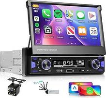 Hodozzy 1 DIN automobilinis radijo imtuvas su belaidžiu "Carplay" ir "Android", 7 colių išskleidžiamas jutiklinis ekranas, "Bluetooth", FM/AM/RDS radijas, automobilinis MP5 grotuvas MirrorLink/USB/AUX/Type-C + vairo valdymas ir atbulinės eigos valdymas