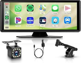 Hodozzy Belaidis Carplay Android automobilio ekranas, 10,26 colio nešiojamasis Bluetooth automobilinis radijas su IPS jutikliniu ekranu/EQ/Airplay/Garsinis valdymas/AUX/TF/FM siųstuvas + atbulinės eigos kamera