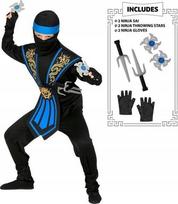 „MĖLYNAS KOMBATINIS NINJA SU GINKLAIS“ (KOMBINOZELAS, KRŪTINĖS APDAILOS ANTGALIS, DIRŽAS, RANKŲ IR KOJŲ RAŠTAI, KAUKĖ, GALVOS JUOSTELĖ, PIRŠTINĖS, 2 NINJA DURKLAI, 2 NINJA METAMOSIOS ŽVAIGŽDĖS)