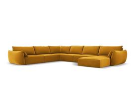 Panoraminė kairioji kampinė velvet sofa Vanda, 8 sėdimos vietos, geltona (garstyčių)