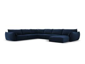 Panoraminė kairioji kampinė velvet sofa Vanda, 8 sėdimos vietos, tamsiai mėlyna