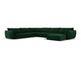 Panoraminė kairioji kampinė velvet sofa Vanda, 8 sėdimos vietos, žalio butelio sp.
