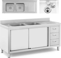 Royal Catering Dvigubo dubens kriauklė su spintelėmis su stumdomomis durelėmis ir stalčiais iš plieno 160 x 60 x 95 cm