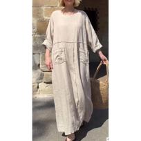 Vasarinė moteriška vienspalvė medvilnės ir lino suknelė su apvalia apykakle, ilgomis rankovėmis, laisvalaikio, klostuota, su dvipuse kišenę 5XL juoda