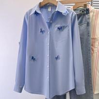 Fashion Polo Neck Embroidered Butterfly Blouse Women's Spring Autumn French Design Long Sleeve Versatile Shirt L mėlyna