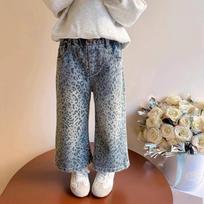 Girls' Leopard Print Jeans Spring Autumn Little Girl Loose Straight Trousers Children Elastic Waist Casual Denim Pants 110 mėlyna