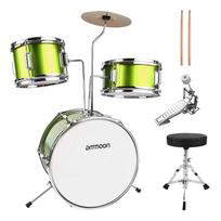 ammoon 14 colių 3 dalių vaikiškas būgnų komplektas su reguliuojamu sėdynės, cimbalo, pedalo, būgnų lazdelių muzikos instrumentais žalia