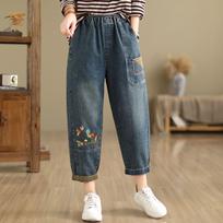 Aricaca High Quality Women Retro Patch Embroidered Printed Loose Jeans XL mėlyna