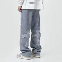 Retro vyriški Y2K drabužiai Baggy plačiomis kojomis Džinsai Hip Hop Madingi Drabužiai Moteriški Patch Oversized Tiesios Kelnės Gatvės Apranga Mokomoji apranga vyrams S mėlyna