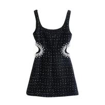 Women Fashion Pearls Black Hollow Out Back Zipper Mini Dress Vintage Straps Square Neck Female Chic Lady Dresses L juoda